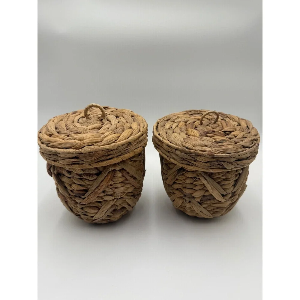 Set of 2 Woven Seagrass Baskets with Lids and Plastic Liners Natural Brown